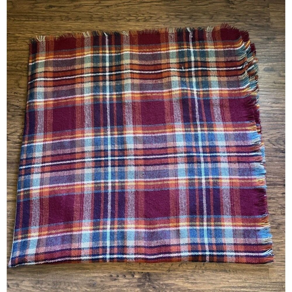 Altar'd State Super Soft Maroon Orange Teal Plaid Fringed Wrap Throw Scarf 52x52